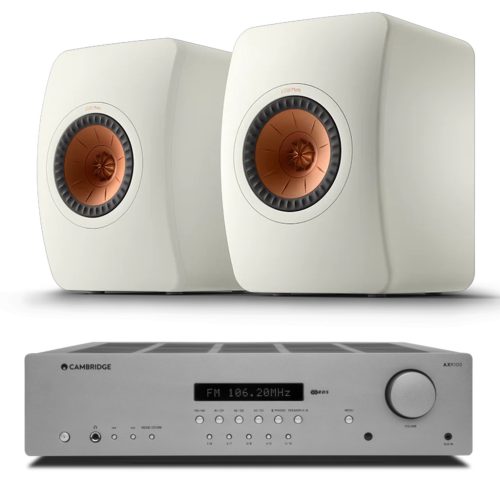 Cambridge Audio AX R100D sztereó rádióerősítő + KEF LS50 Meta polcsugárzó pár, fehér