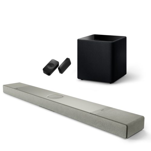 KEF XIO Soundbar (ezüst szürke) + Kube 12 mélyláda (fekete) + KW2 vezeték nélküli adapter